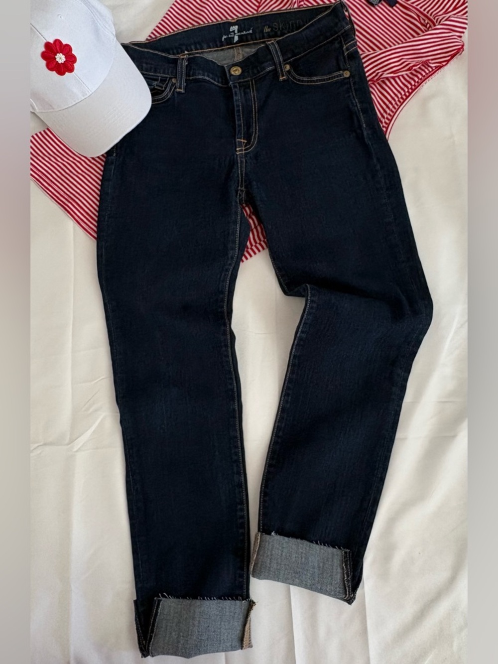 7 For All Mankind “The Skinny” Jeans W28 Darkwash Stretch Raw Hem Crop Made 🇺🇸